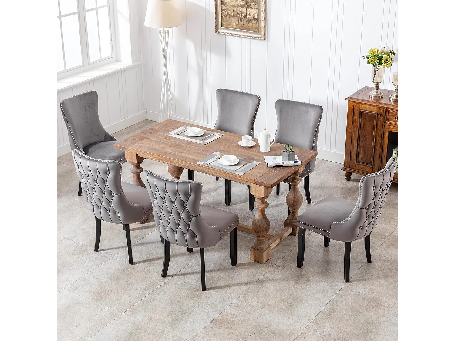 Sierra Set of 6 Wing Back Dining Chairs with Velvet Tufted & Oak Wood Legs
