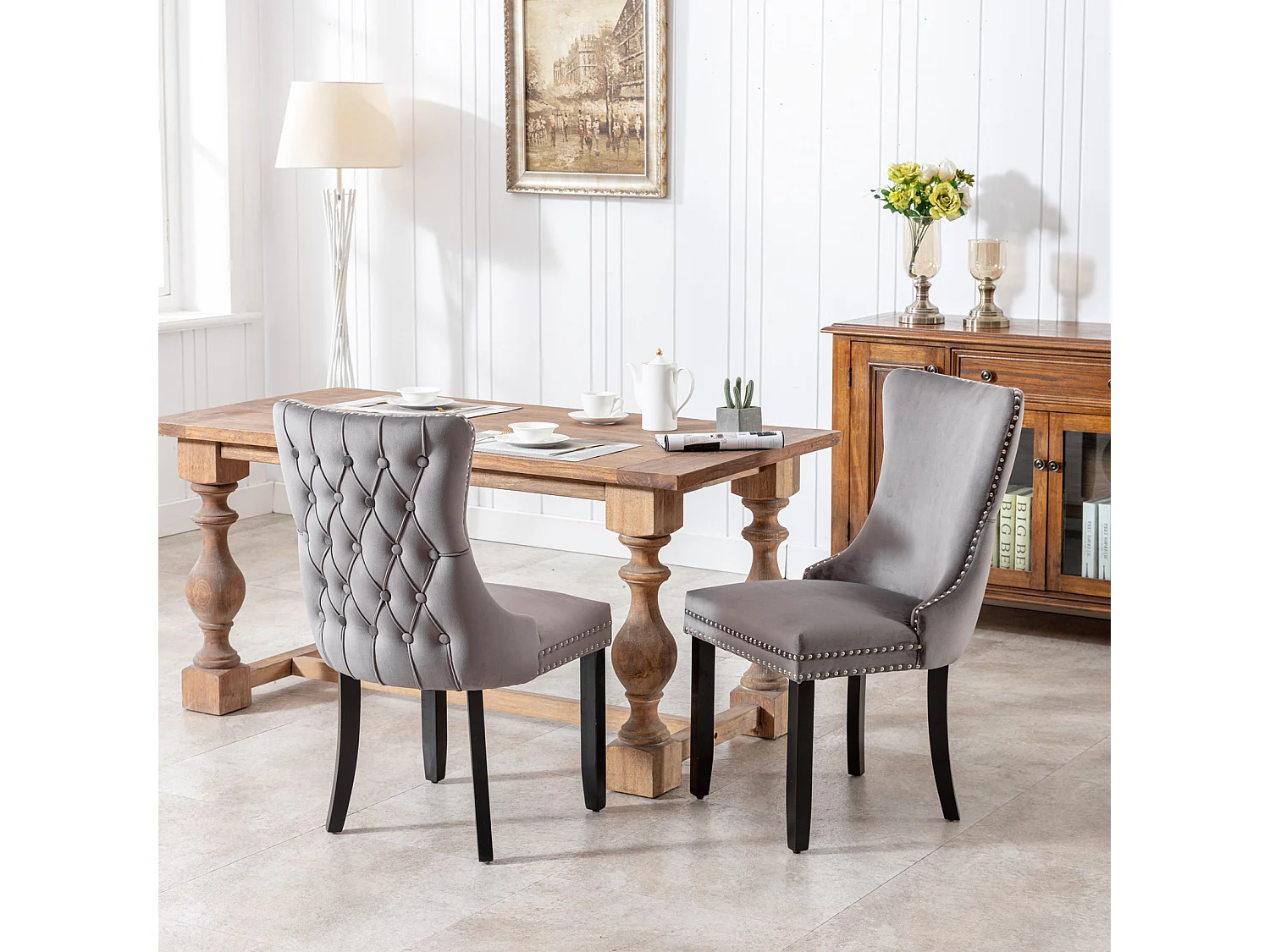 Sierra Set of 6 Wing Back Dining Chairs with Velvet Tufted & Oak Wood Legs