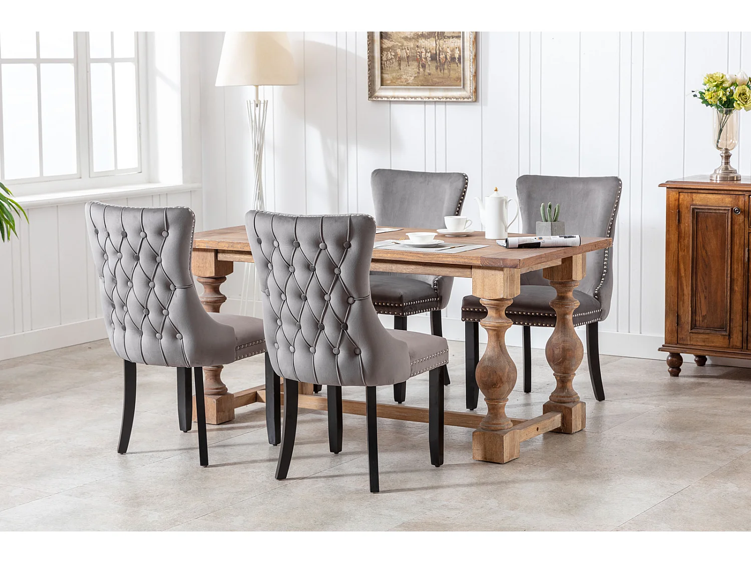 Sierra Set of 6 Wing Back Dining Chairs with Velvet Tufted & Oak Wood Legs
