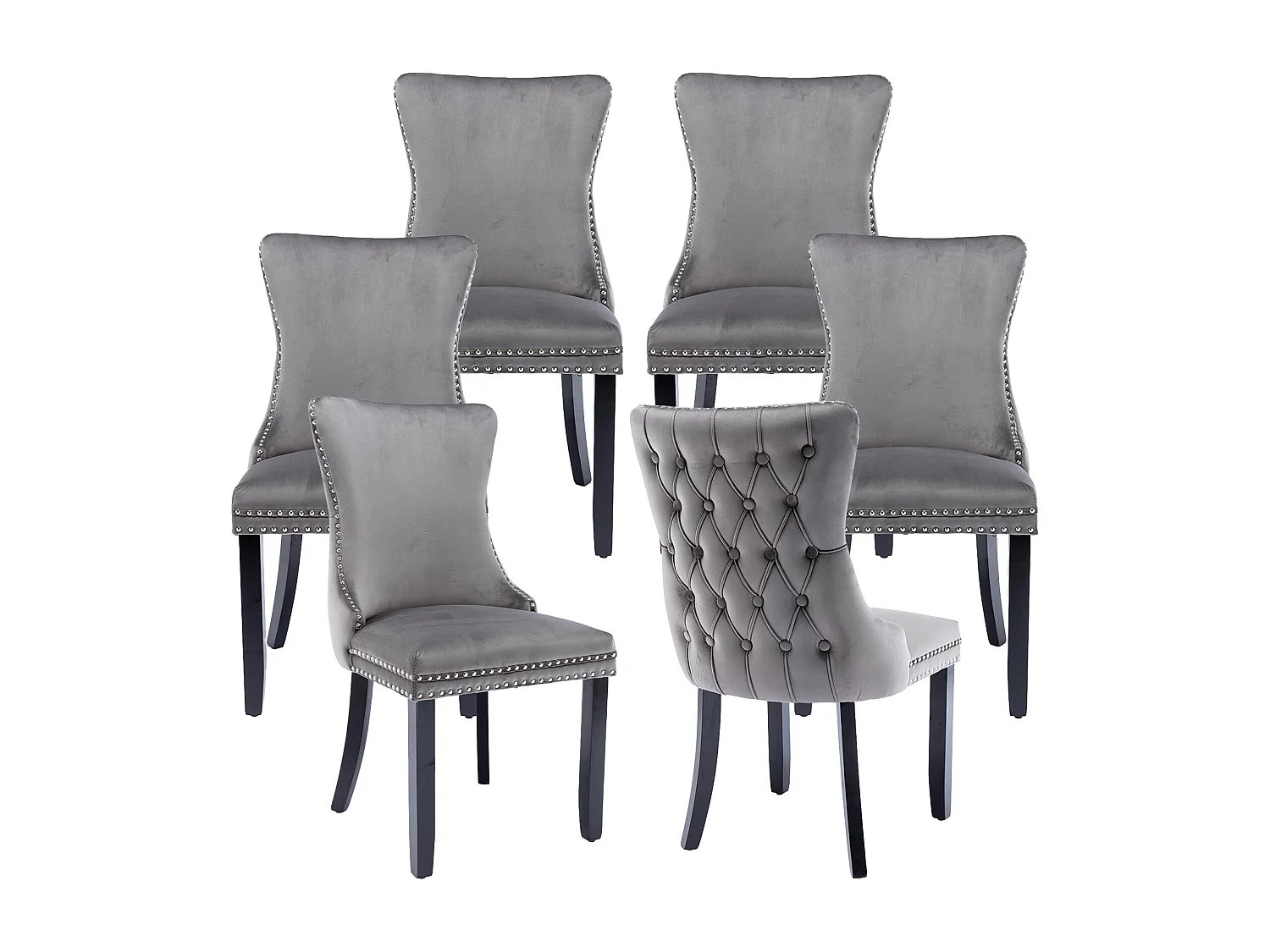 Sierra Set of 6 Wing Back Dining Chairs with Velvet Tufted & Oak Wood Legs