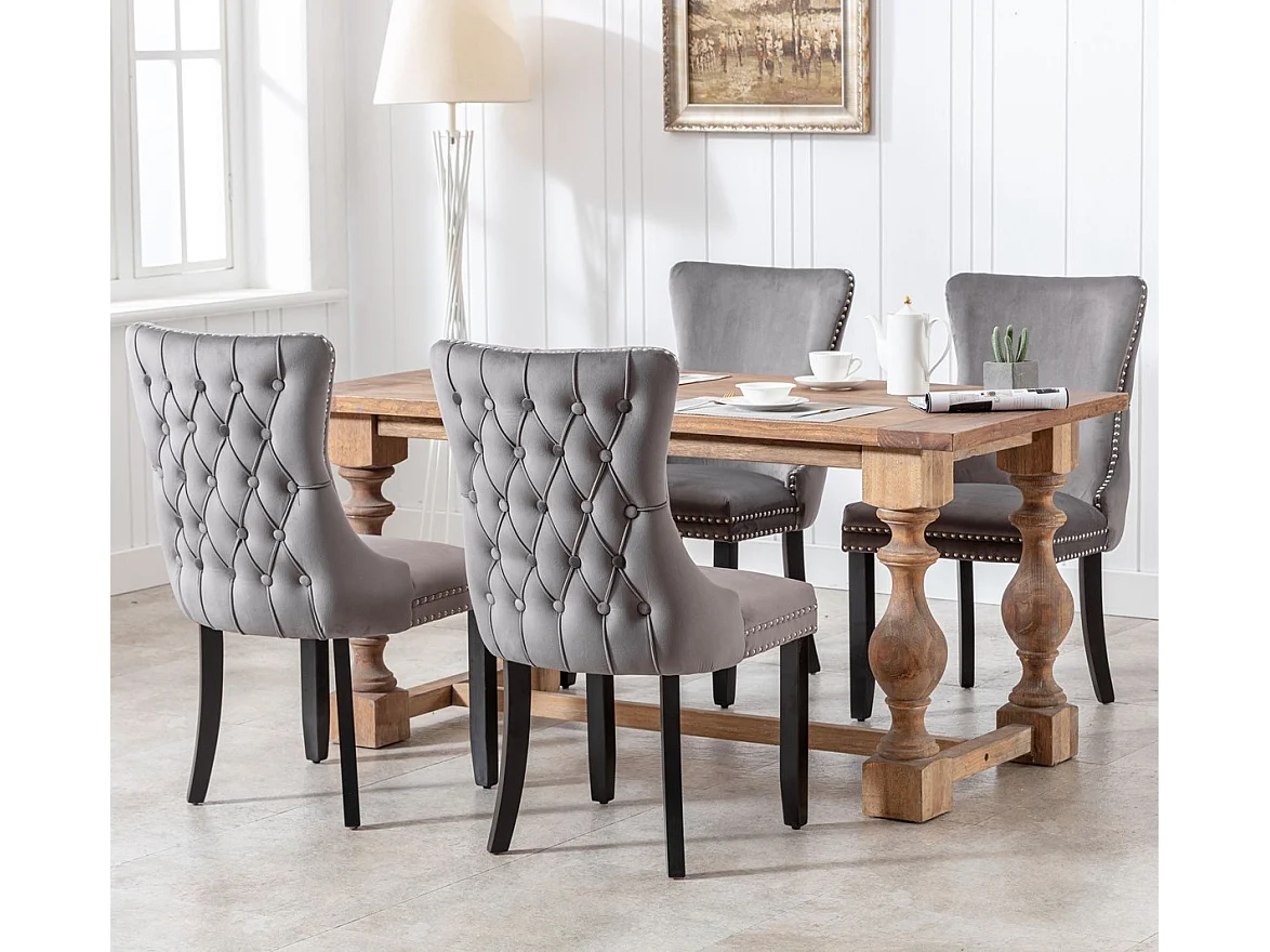 Sierra Set of 4 Wing Back Dining Chairs with Velvet Tufted and Oak Wood Legs