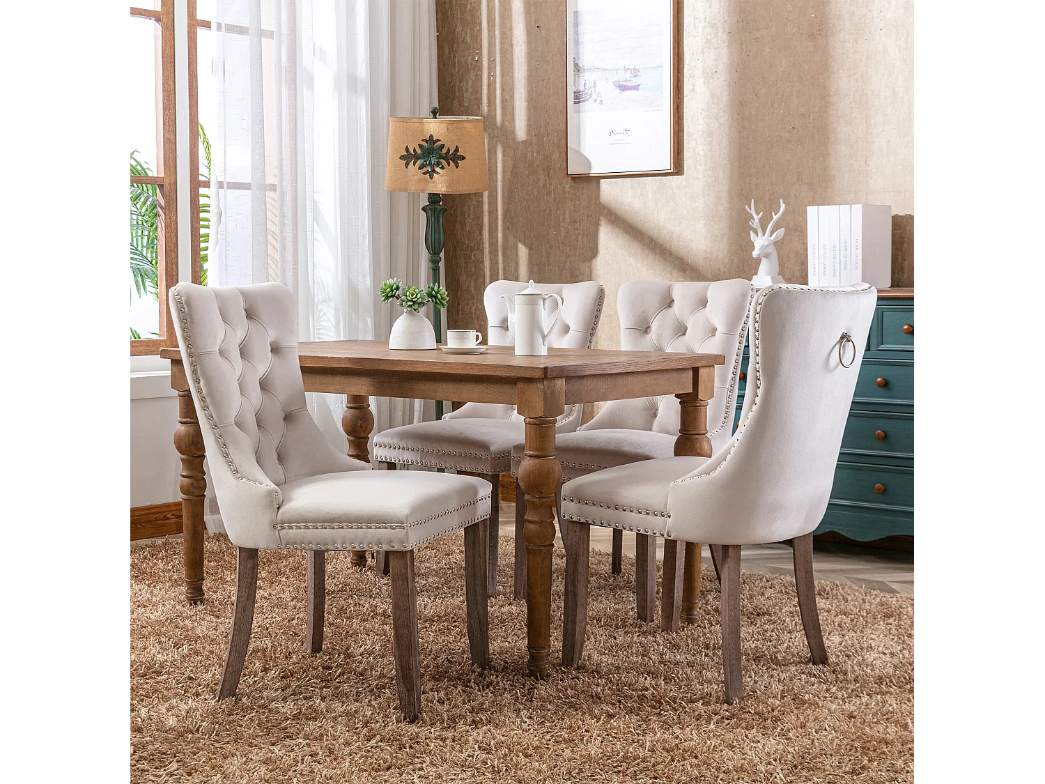 Romsey Set of 6 Dining Chairs Upholstered in Velvet with Oak Legs and Knocker Ring Back