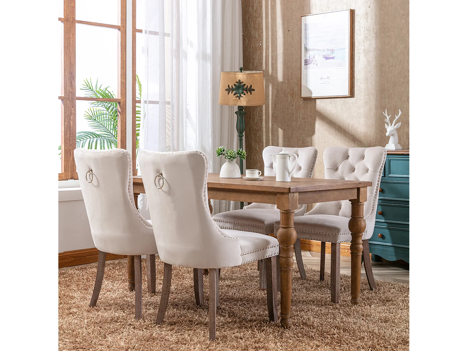 Romsey Set of 6 Dining Chairs Upholstered in Velvet with Oak Legs and Knocker Ring Back