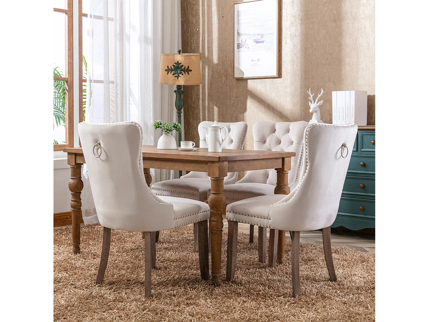 Romsey Set of 6 Dining Chairs Upholstered in Velvet with Oak Legs and Knocker Ring Back