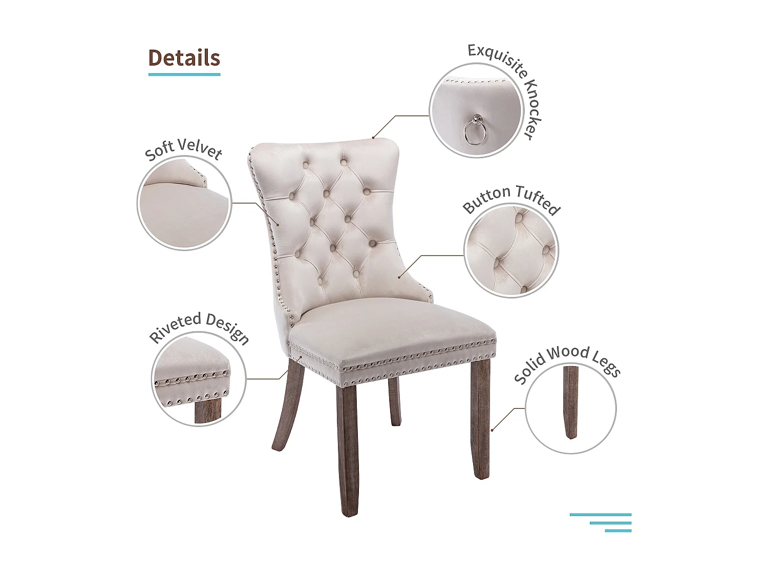Romsey Set of 6 Dining Chairs Upholstered in Velvet with Oak Legs and Knocker Ring Back