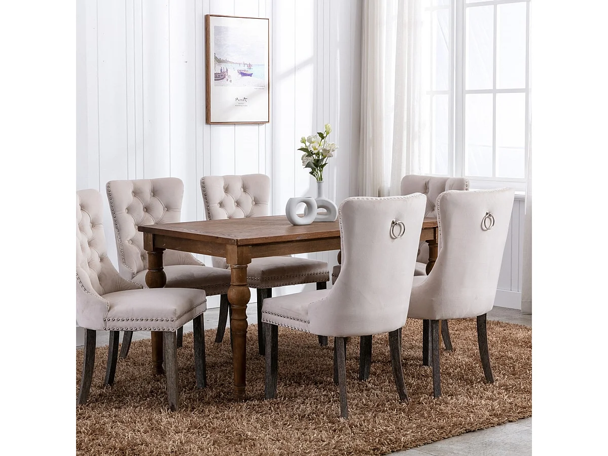 Romsey Set of 6 Dining Chairs Upholstered in Velvet with Oak Legs and Knocker Ring Back