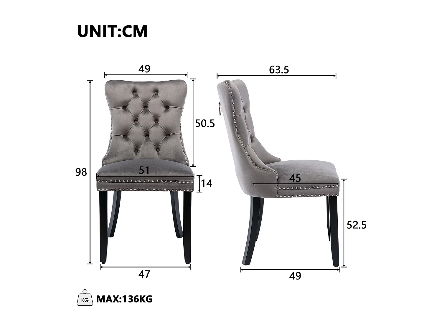 Romsey Set of 2 Dining Chairs Upholstered in Velvet with Oak Legs and Knocker Ring Back