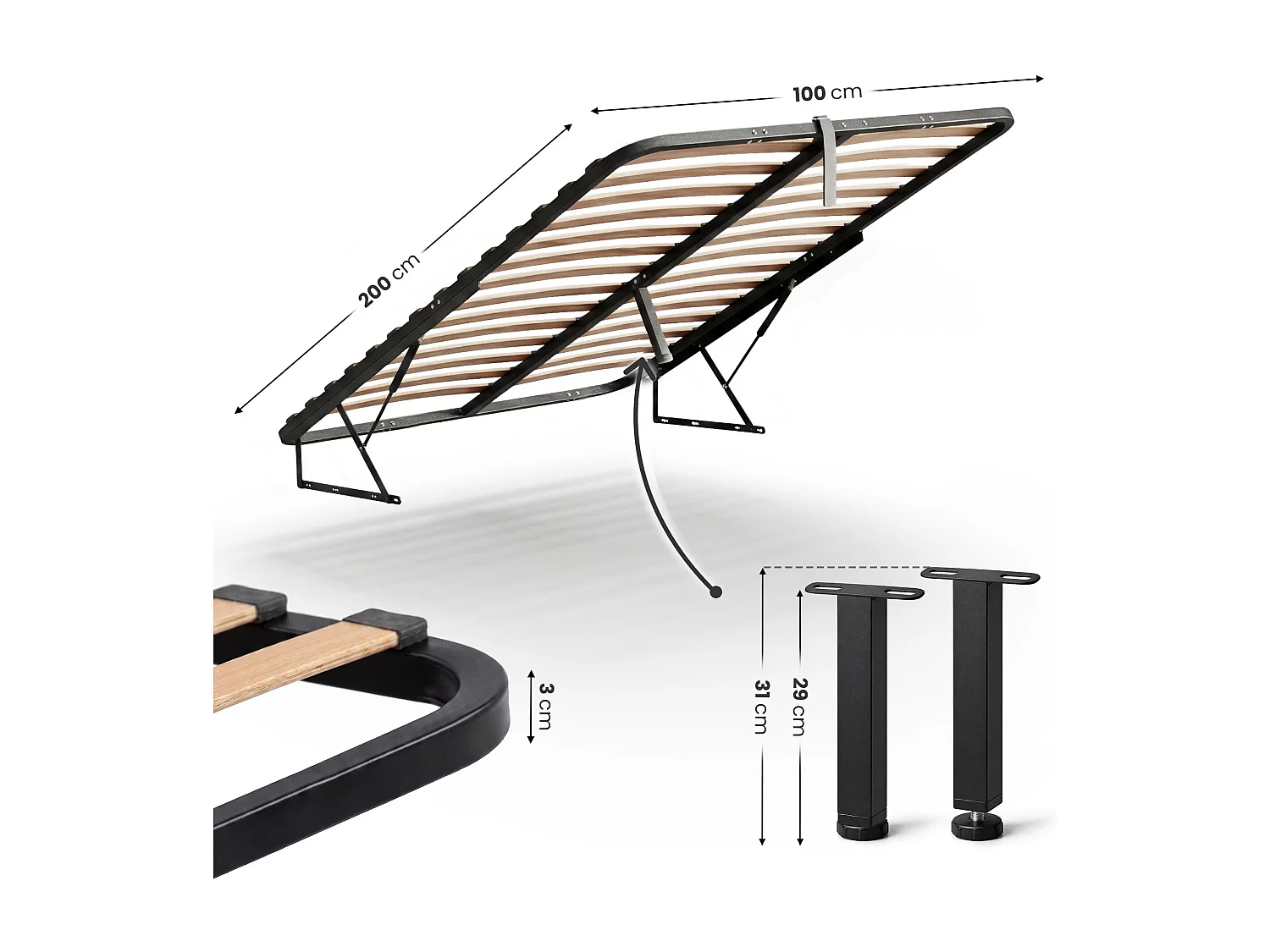 Metalen lattenbodem met gasdrukveer voor bedden, 28 latten, gedeeld 100x200 cm