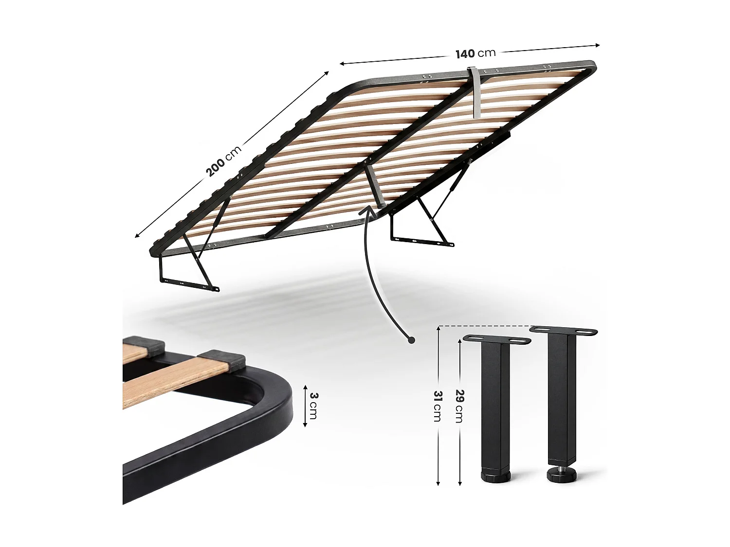 Metalen lattenbodem met gasdrukveer voor bedden, 28 latten, gedeeld 140x200 cm