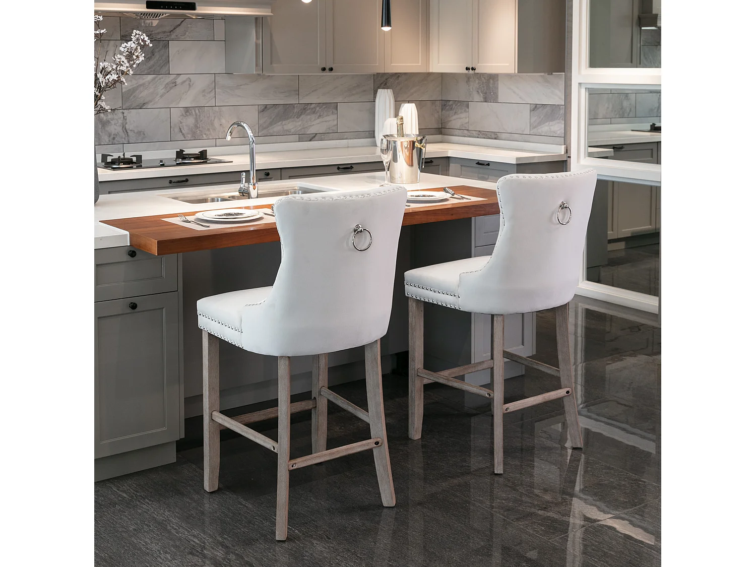 Romsey Velvet Barstools for Kitchen Breakfast with Wooden Legs and Knocker Ring Back