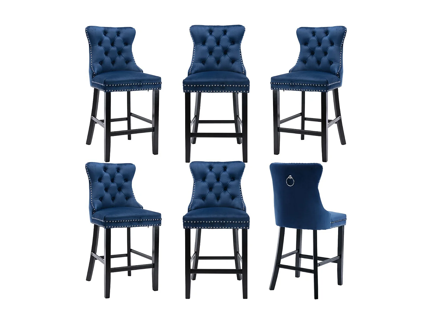 Set of 6 Velvet Bar Stools Kitchen Breakfast Barstools with Wooden Legs