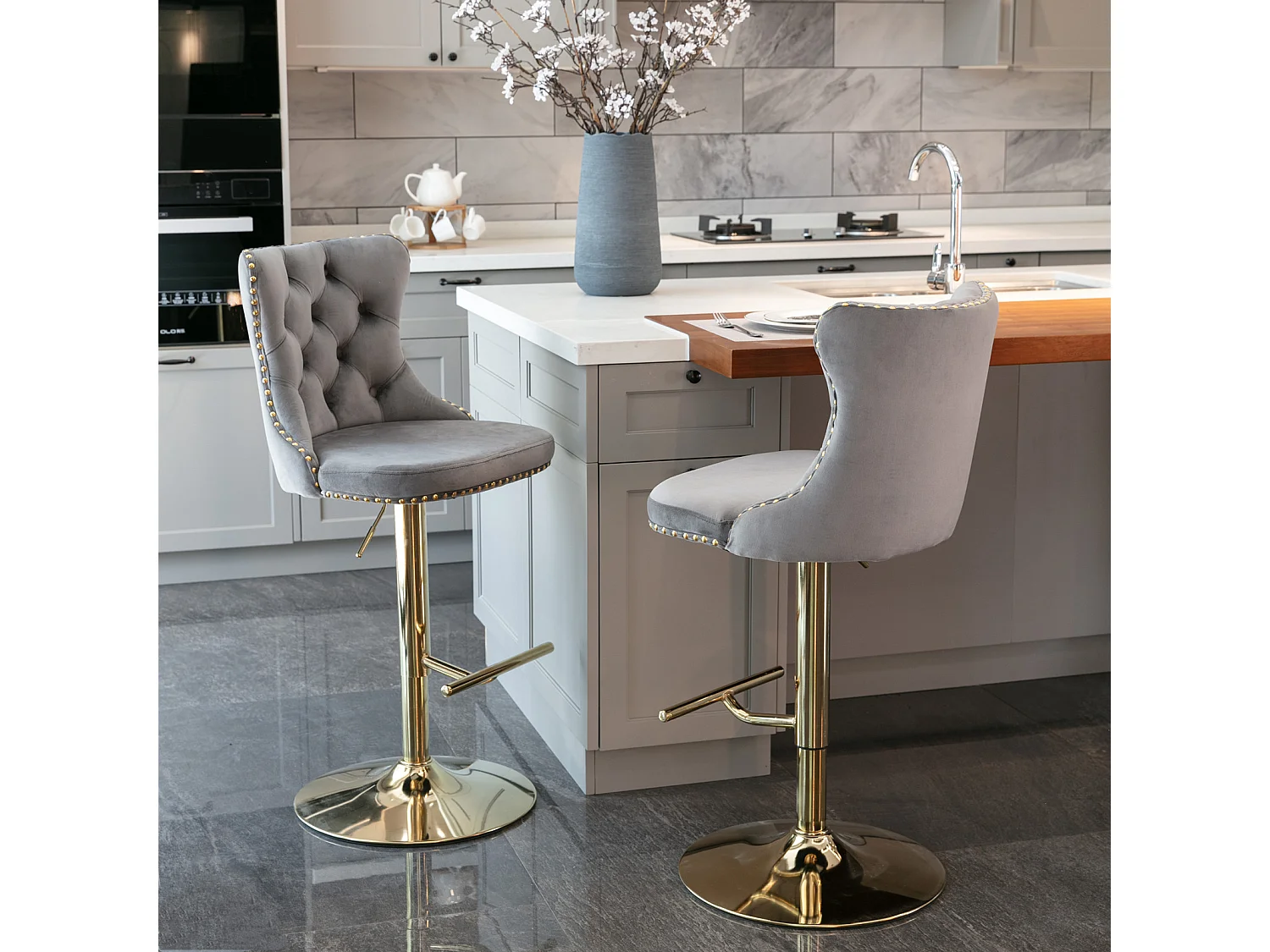 Set of 2 Luxury Velvet Bar Stools with Adjustable Swivel Gold Base