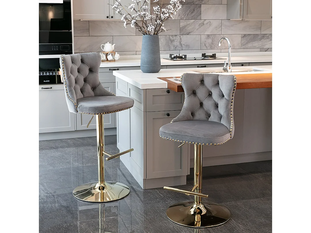 Set of 2 Luxury Velvet Bar Stools with Adjustable Swivel Gold Base