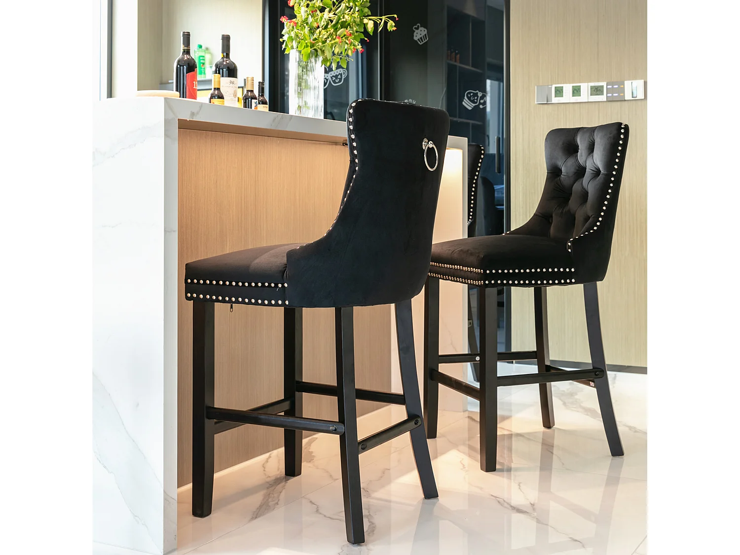 Set of 6 Velvet Bar Stools Kitchen Breakfast Barstools with Wooden Legs