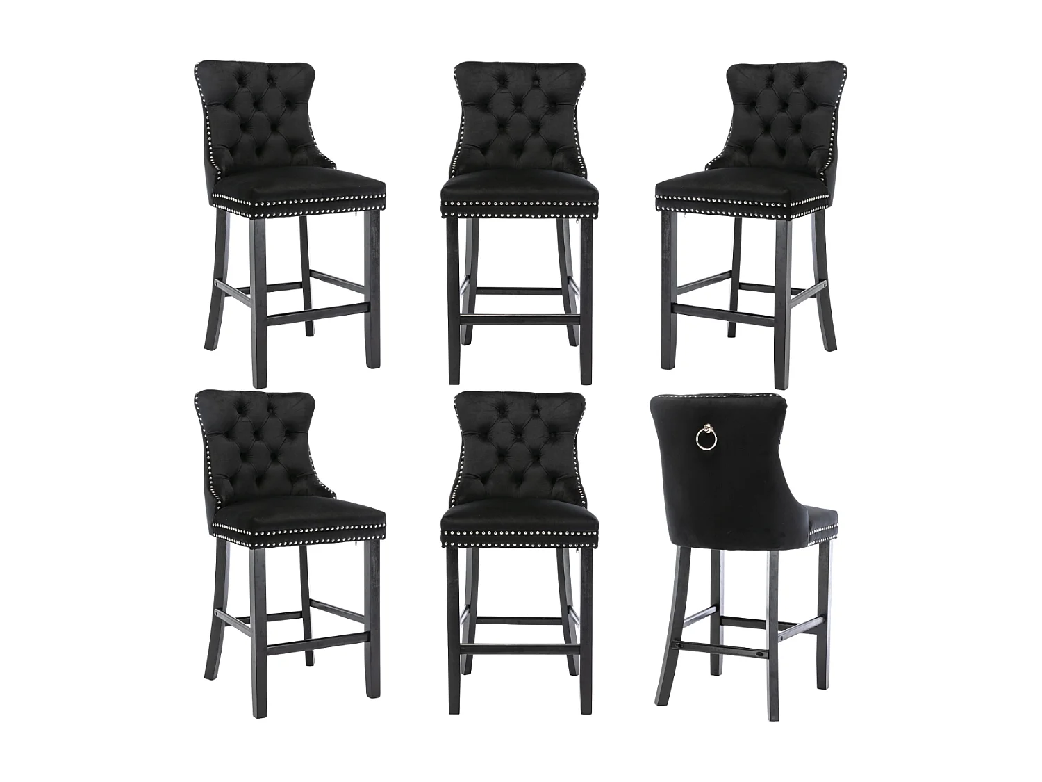 Set of 6 Velvet Bar Stools Kitchen Breakfast Barstools with Wooden Legs