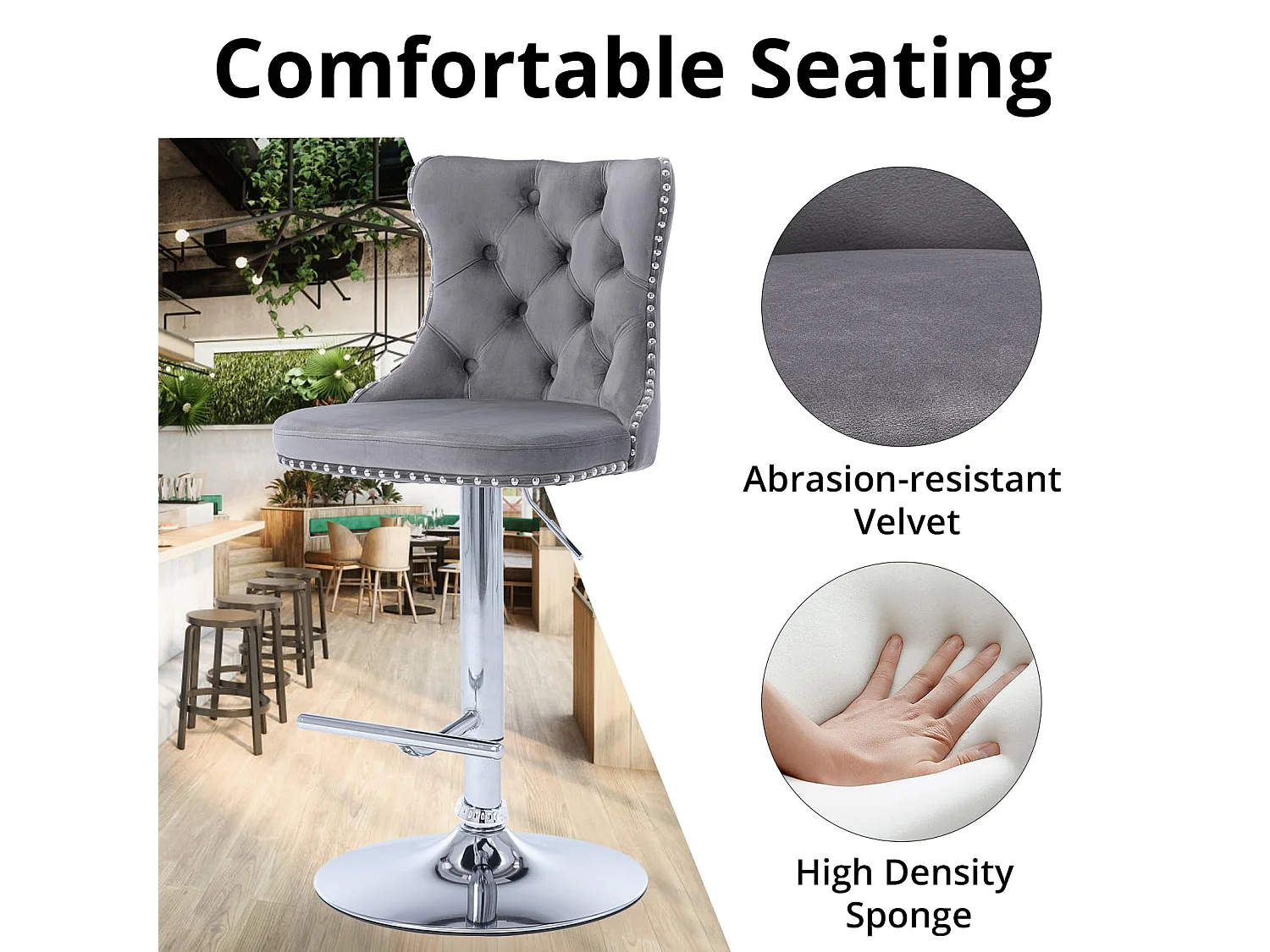 Set of 2 Luxury Velvet Bar Stools with Adjustable Swivel Chrome Base