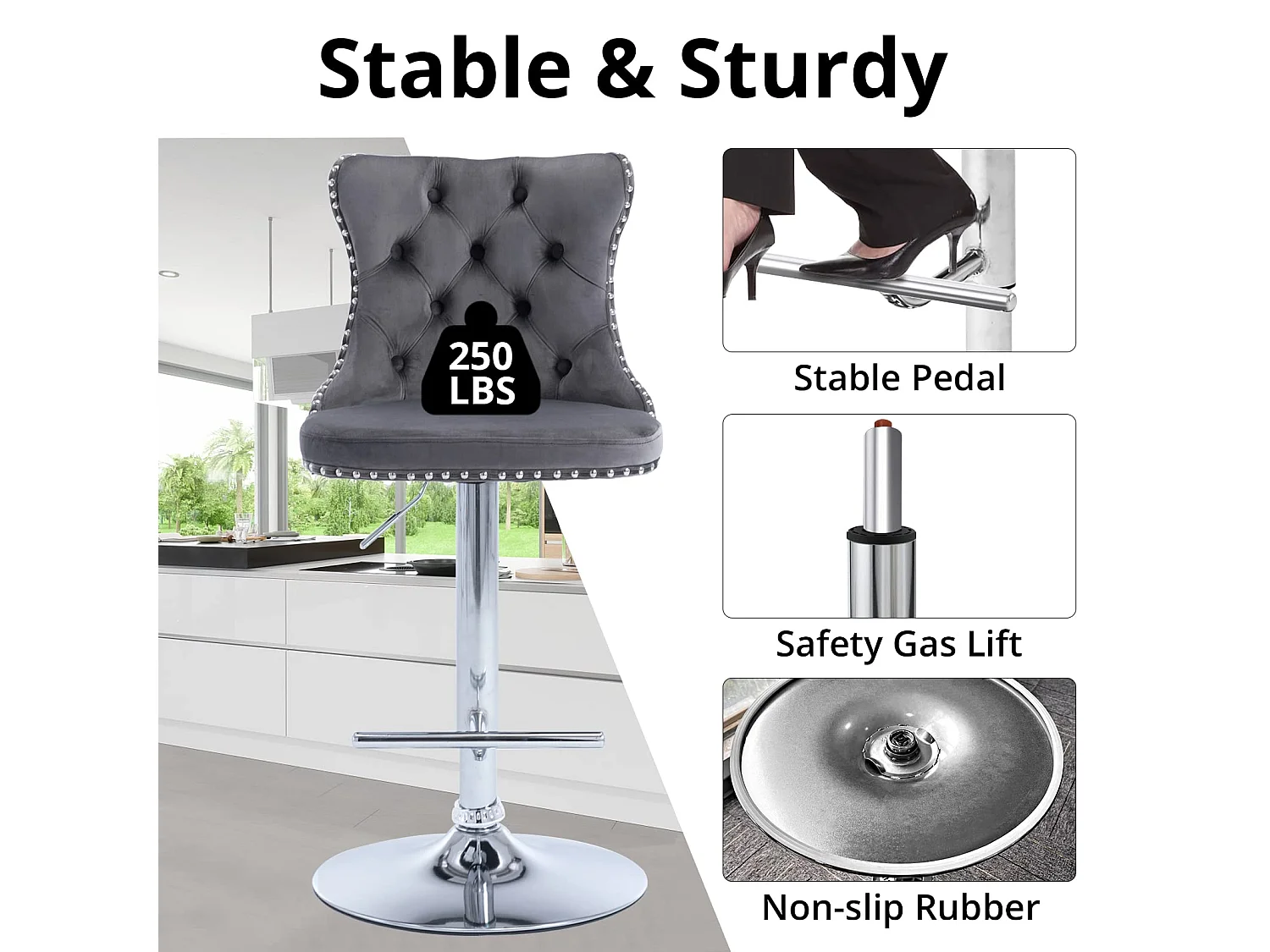 Set of 2 Luxury Velvet Bar Stools with Adjustable Swivel Chrome Base