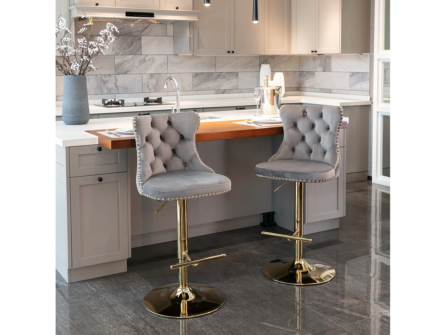 Set of 4 Velvet Upholstered Bar Stools with Adjustable Height Swivel Barstools