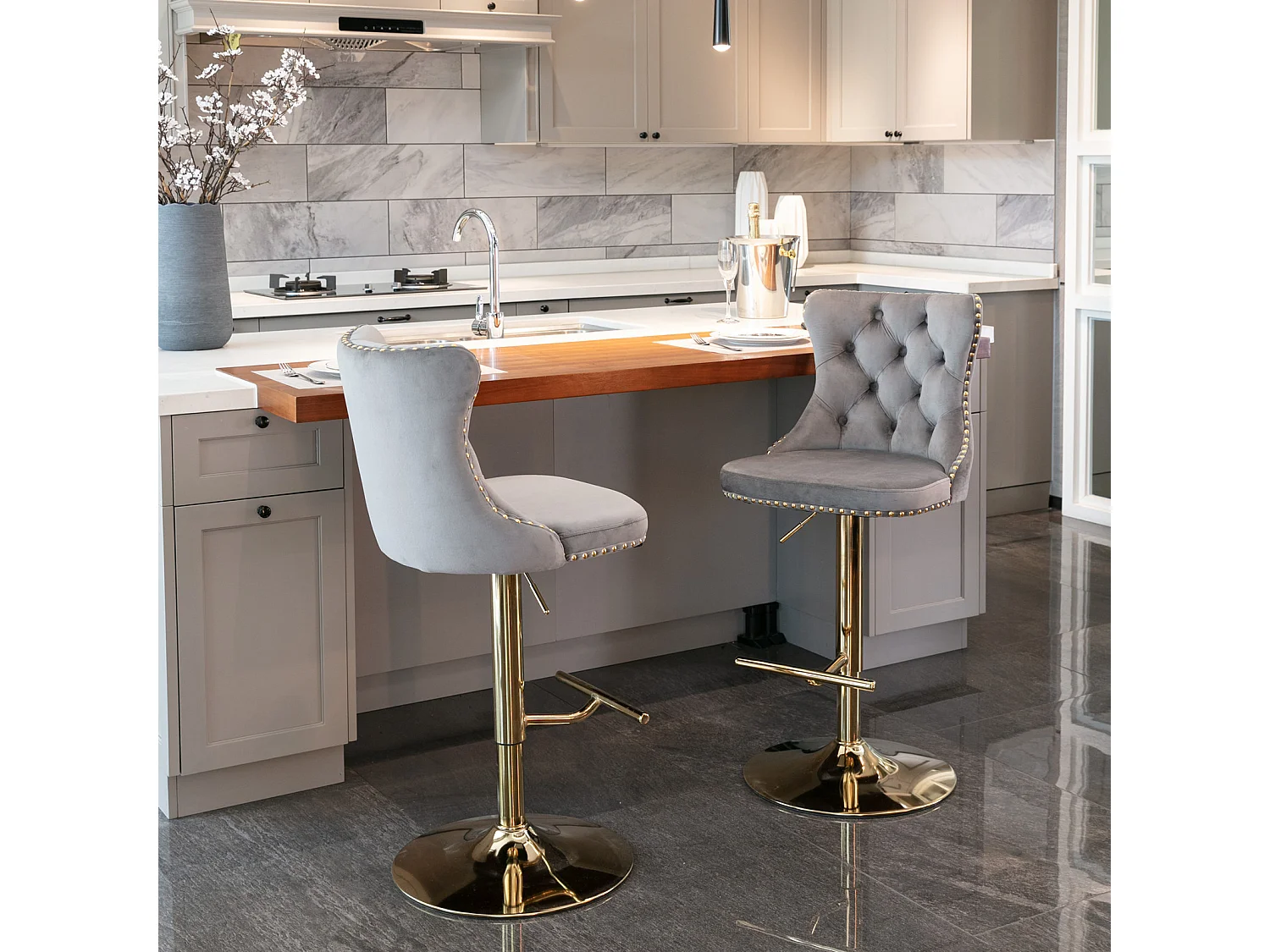 Set of 4 Velvet Upholstered Bar Stools with Adjustable Height Swivel Barstools