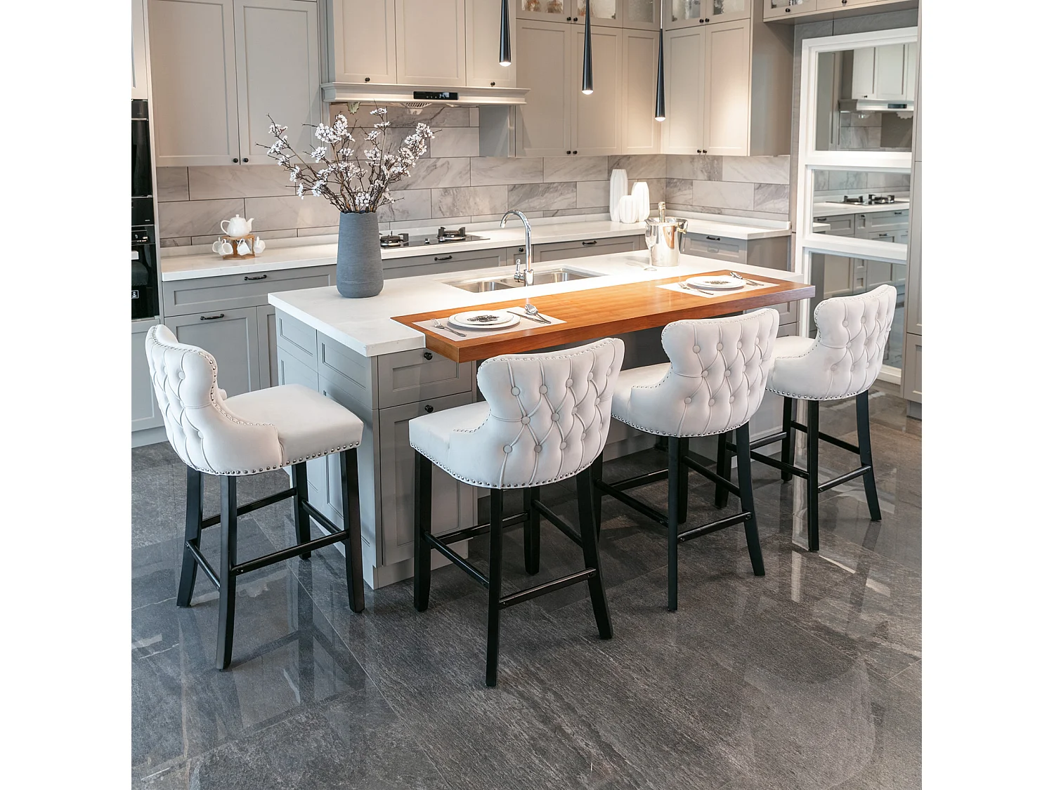 Set of 4 Velvet Upholstered Bar Stools with Oak Wood Legs