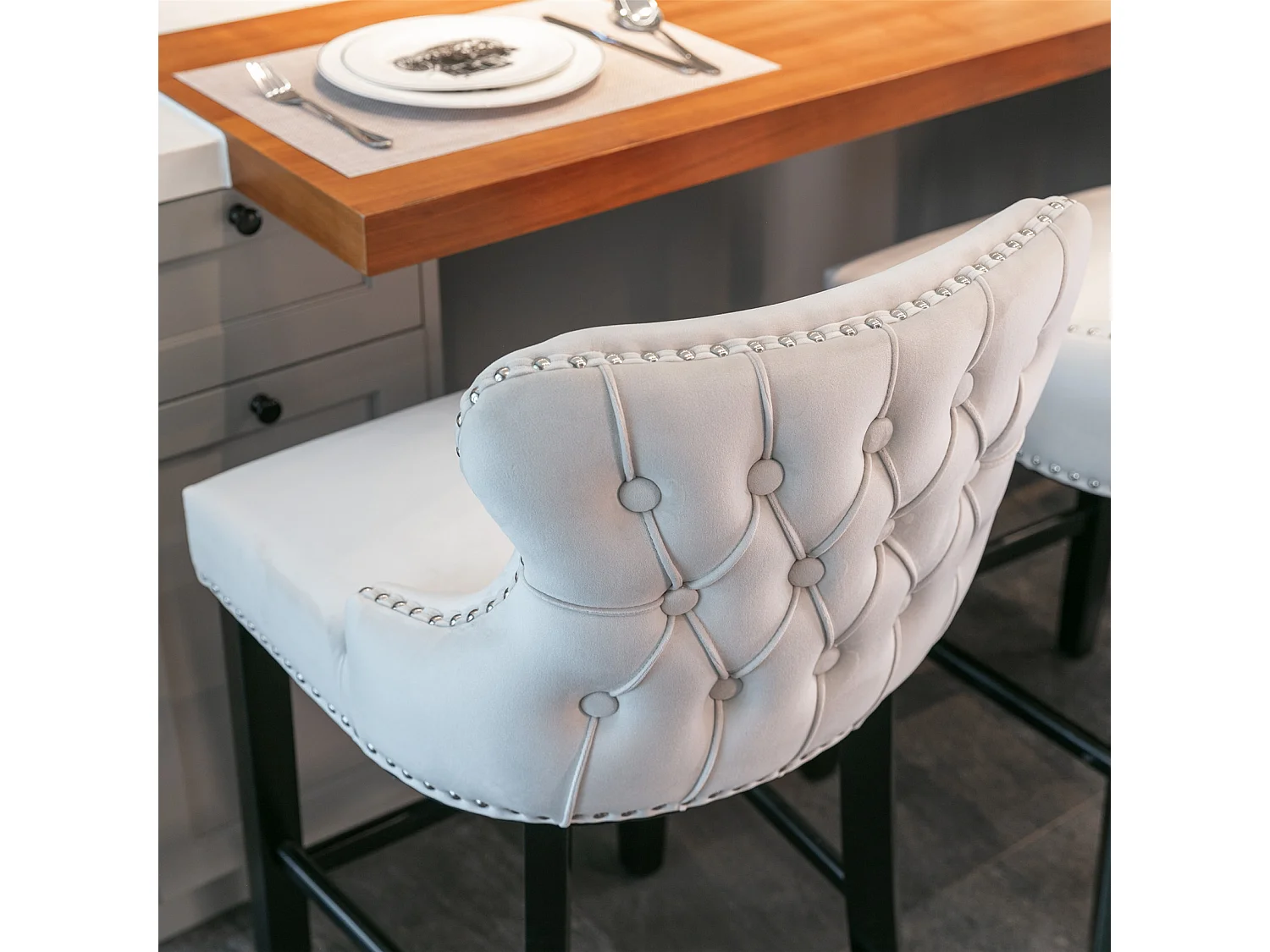 Set of 4 Velvet Upholstered Bar Stools with Oak Wood Legs