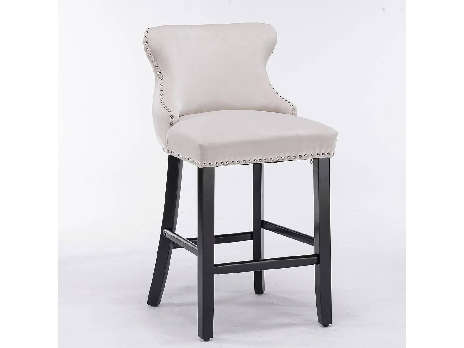 Set of 4 Velvet Upholstered Bar Stools with Oak Wood Legs