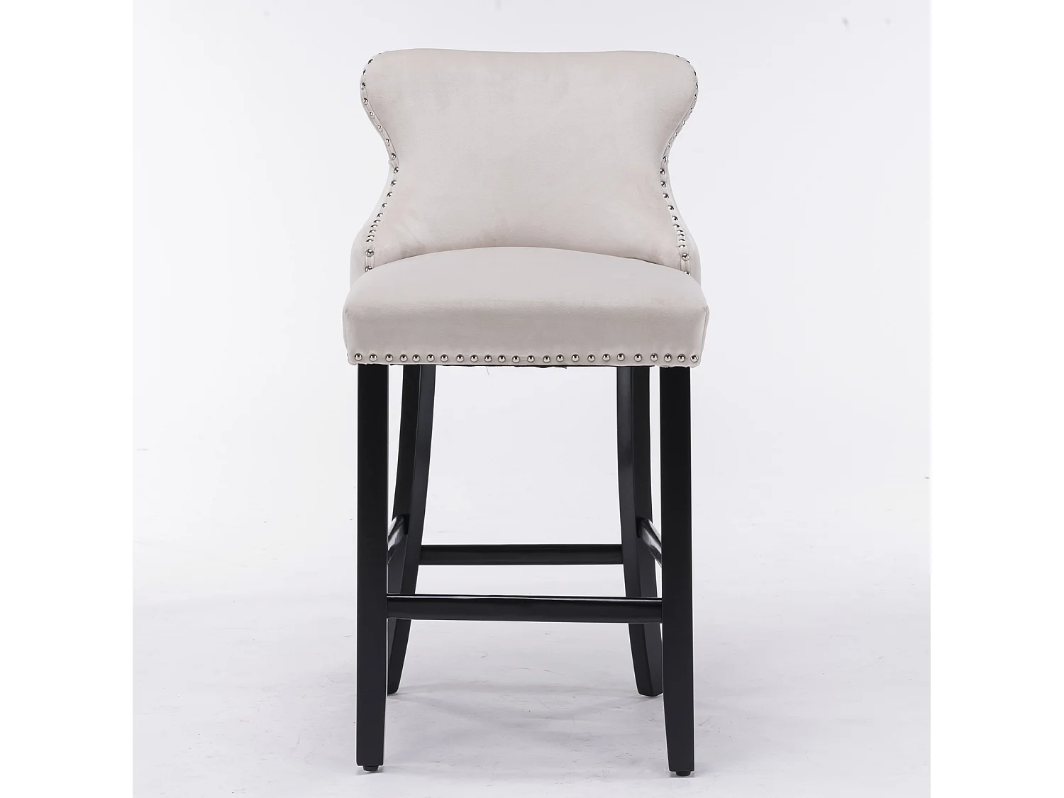 Set of 4 Velvet Upholstered Bar Stools with Oak Wood Legs