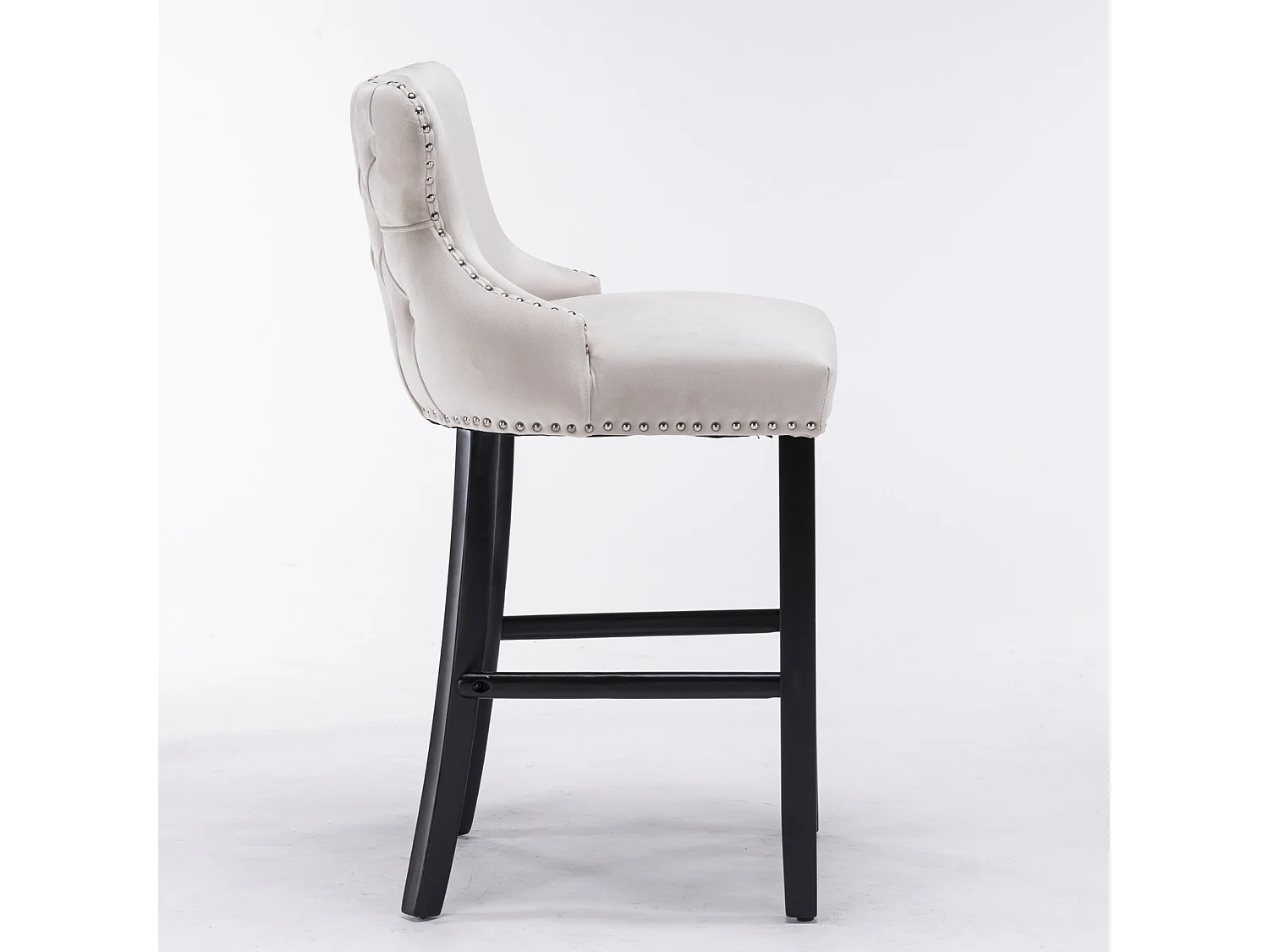 Set of 4 Velvet Upholstered Bar Stools with Oak Wood Legs