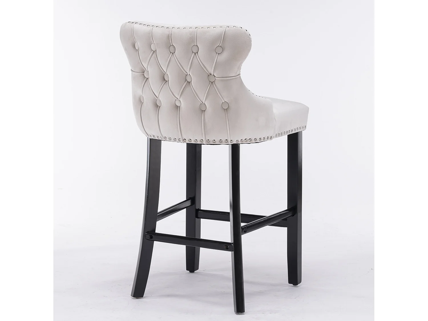Set of 4 Velvet Upholstered Bar Stools with Oak Wood Legs