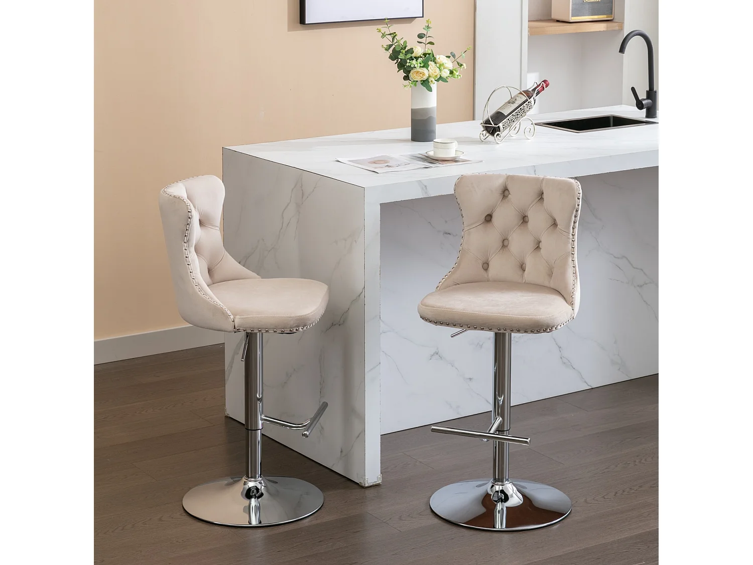 Set of 4 Luxury Velvet Bar Stools with Adjustable Swivel Chrome Base