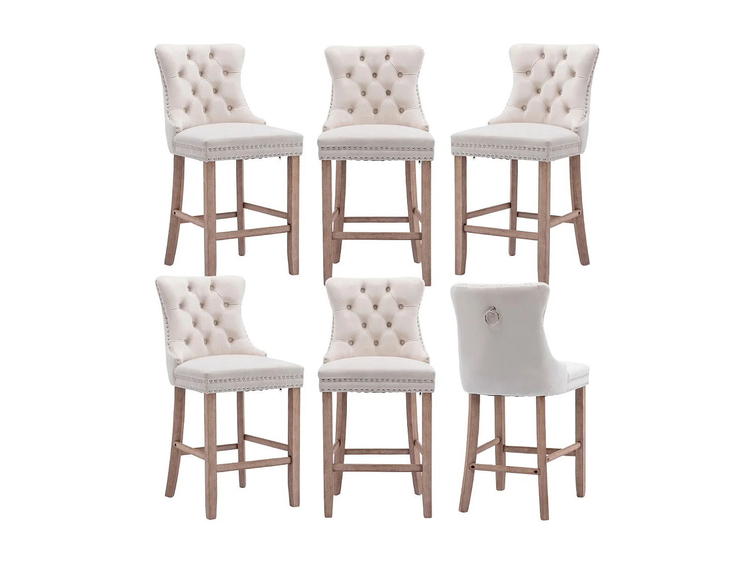 Set of 6 Velvet Bar Stools Kitchen Breakfast Barstools with Wooden Legs
