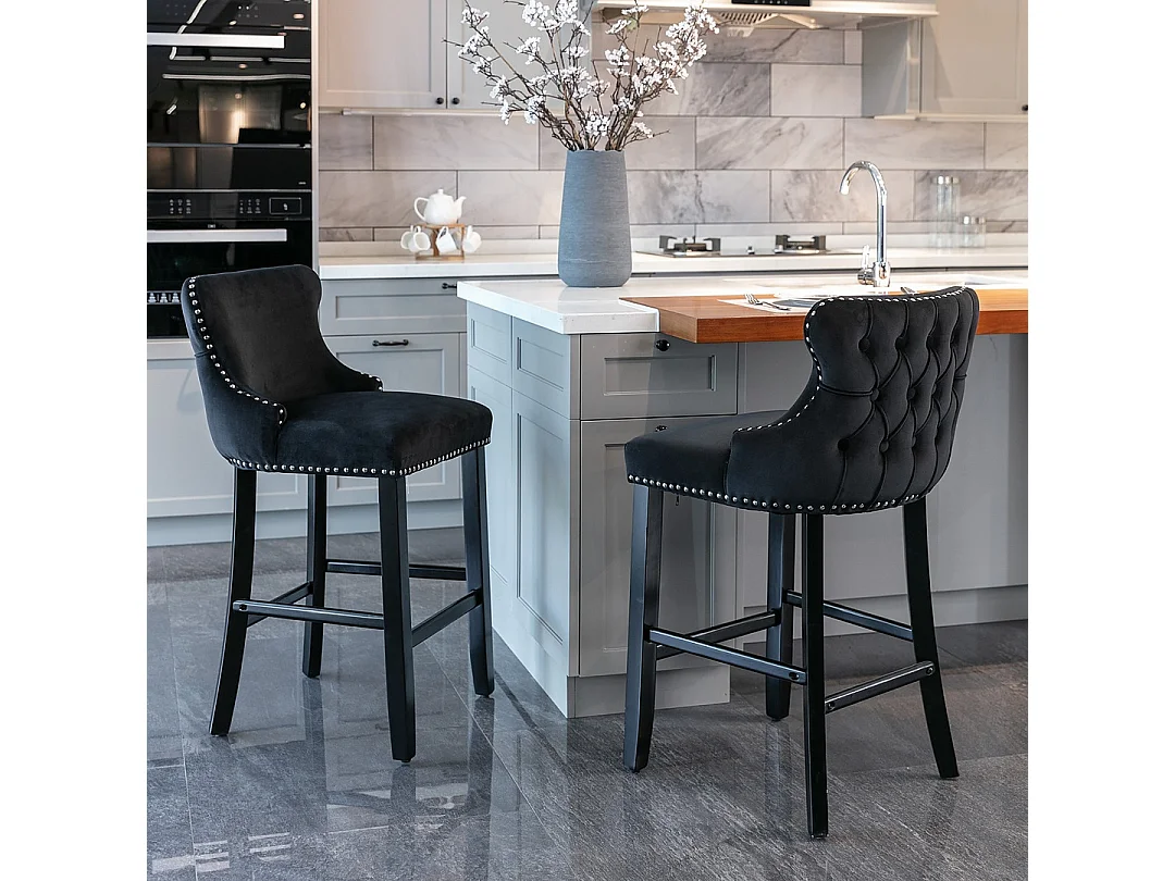 Set of 2 Wing Back Bar Stools with Velvet Upholstery and Oak Wood Legs