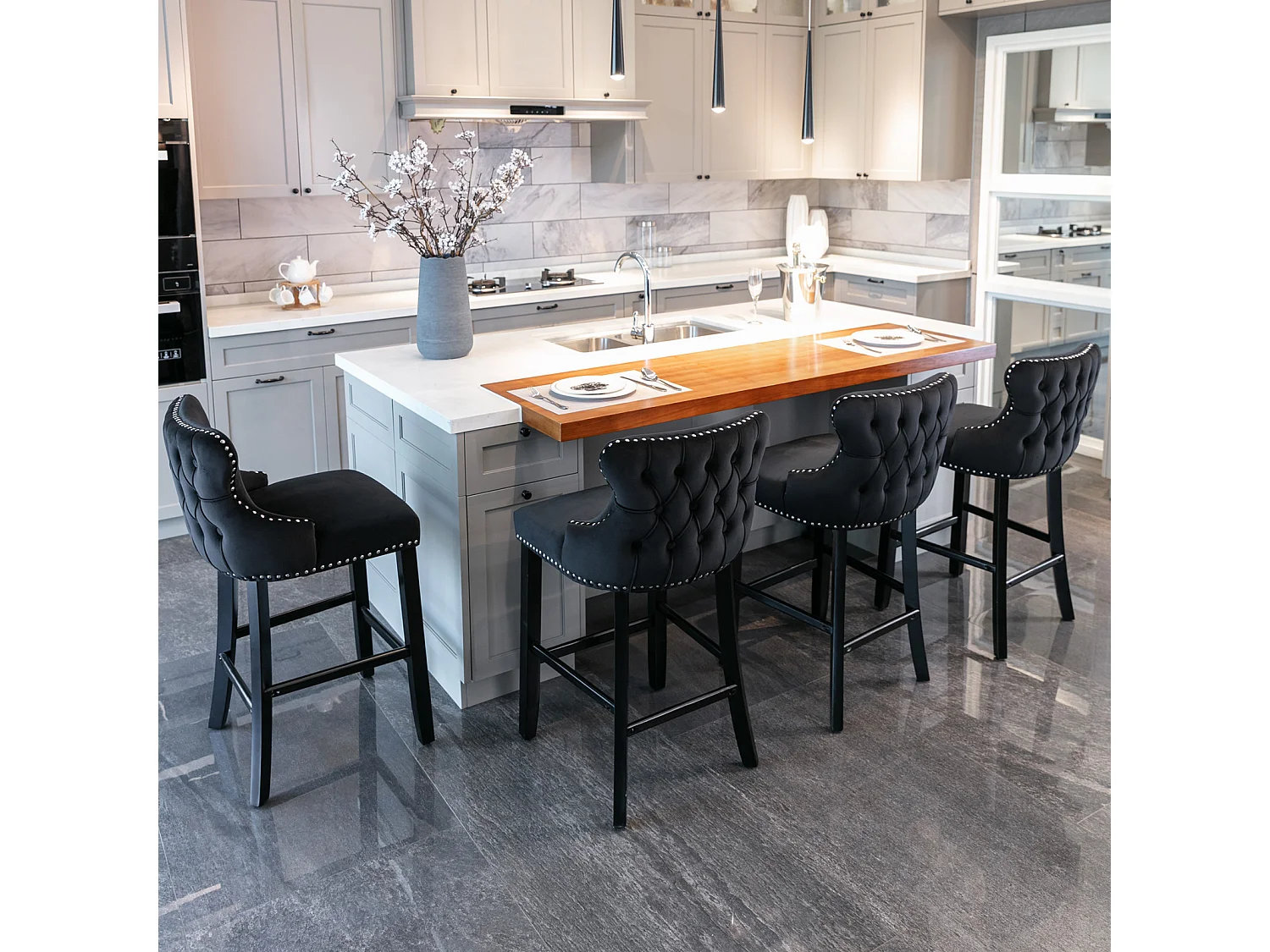 Set of 2 Wing Back Bar Stools with Velvet Upholstery and Oak Wood Legs
