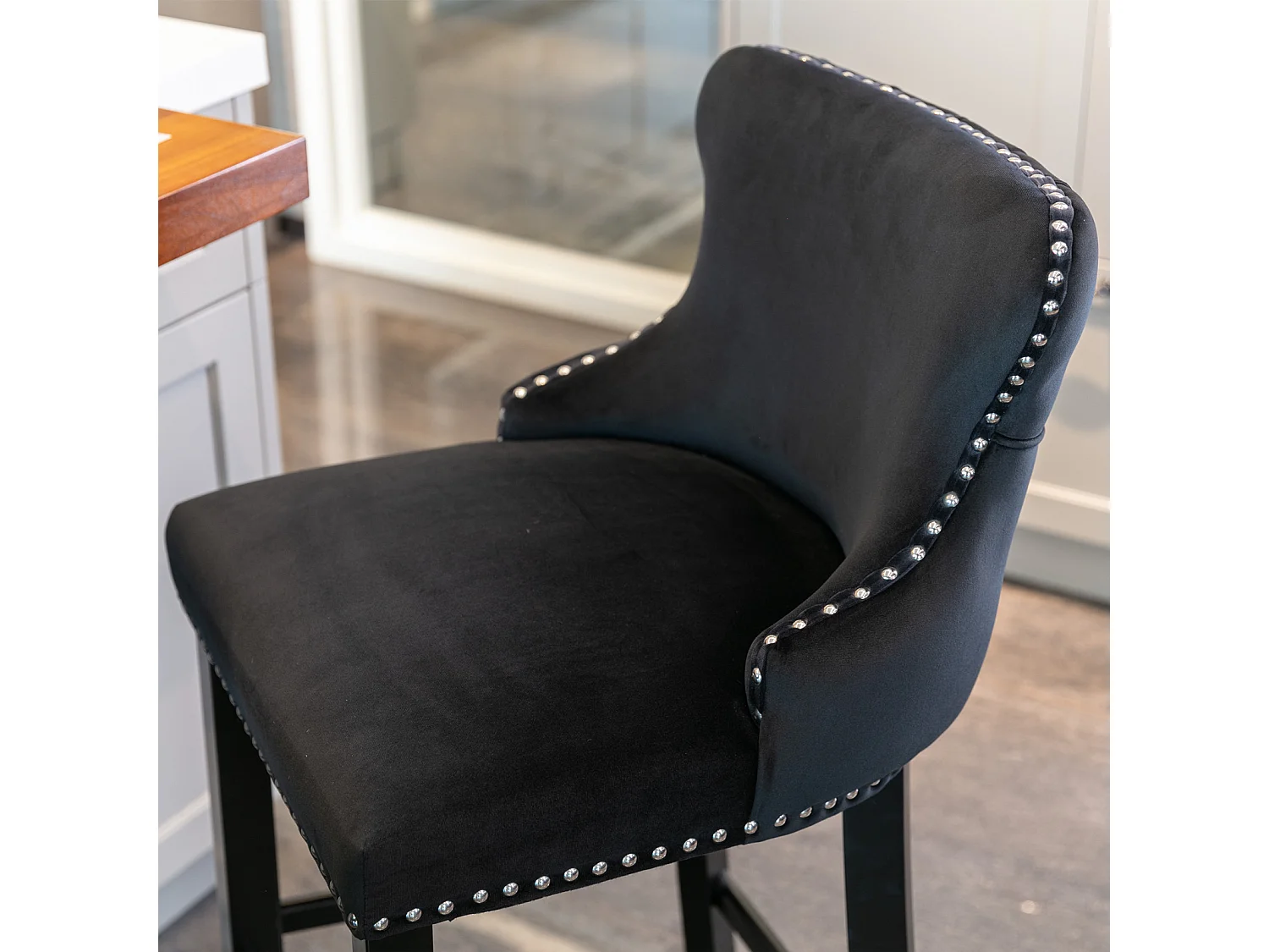 Set of 2 Wing Back Bar Stools with Velvet Upholstery and Oak Wood Legs