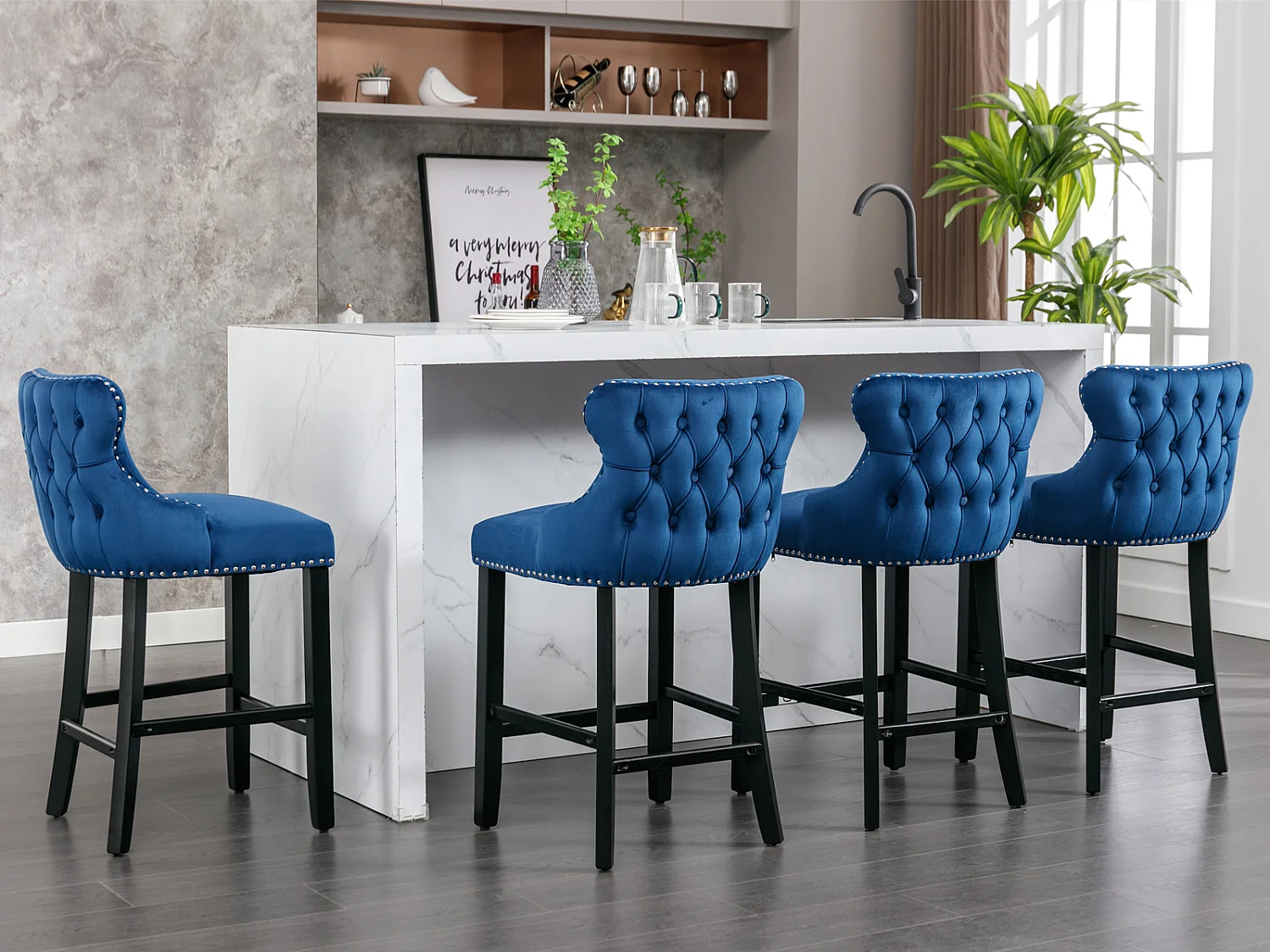 Set of 4 Velvet Upholstered Bar Stools with Oak Wood Legs