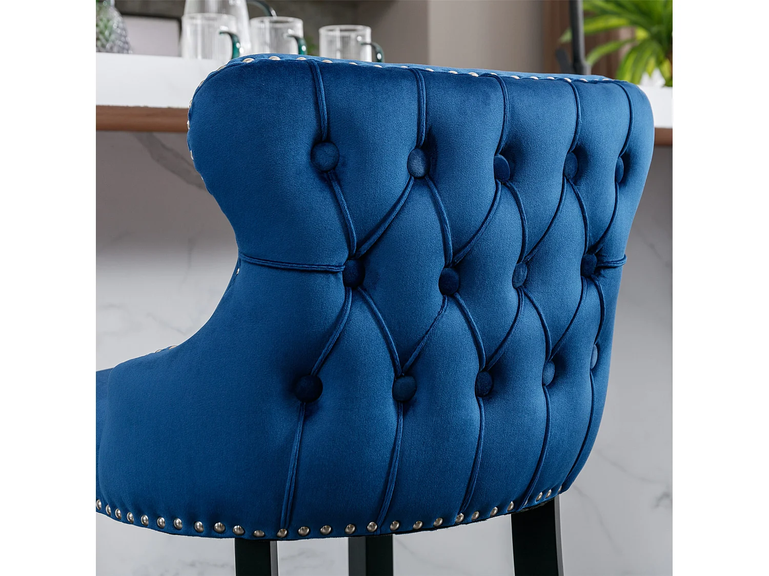 Set of 4 Velvet Upholstered Bar Stools with Oak Wood Legs