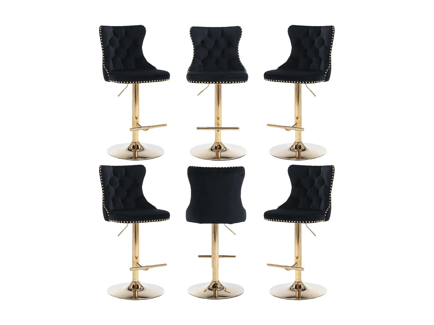Set of 6 Luxury Velvet Adjustable Swivel Bar Stools with Gold Base