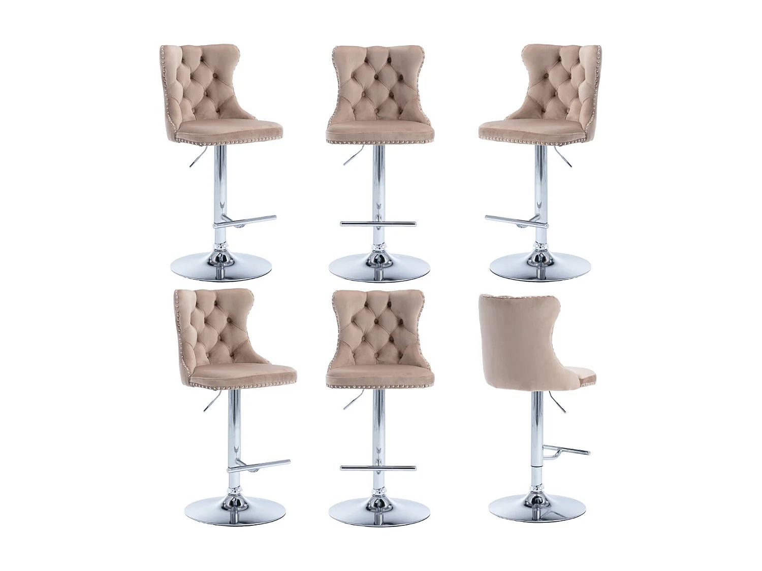 Set of 6 Luxury Velvet Bar Stools with Adjustable Swivel Chrome Base