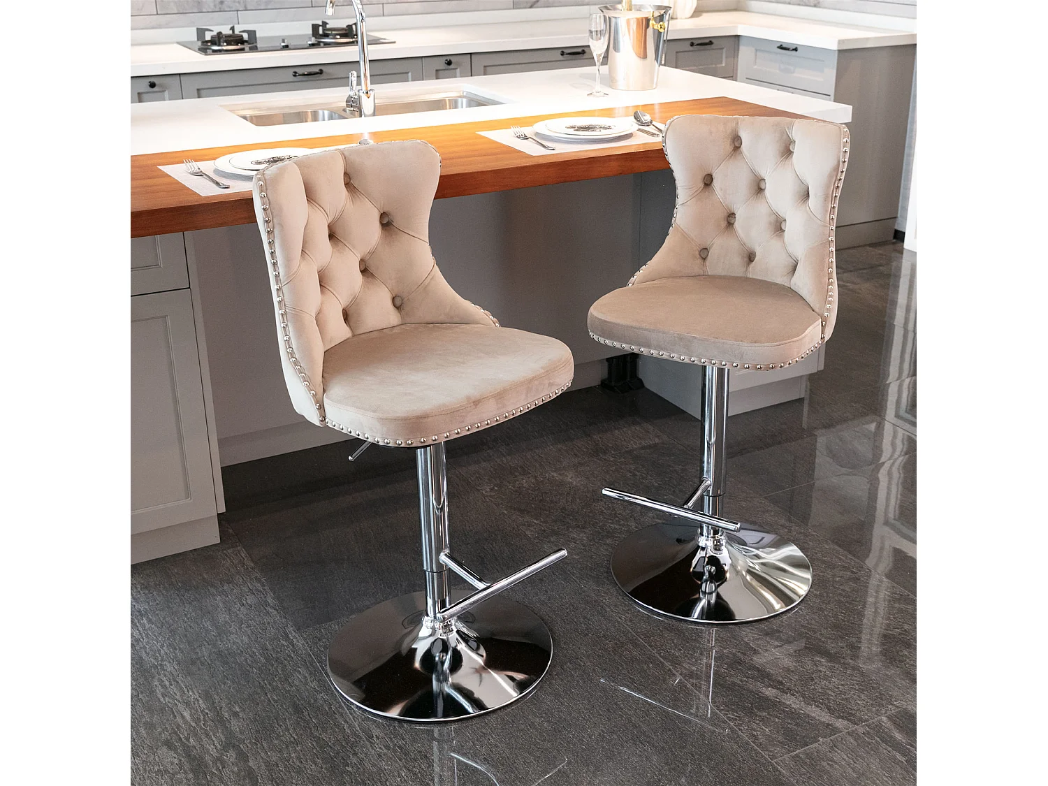 Set of 6 Luxury Velvet Bar Stools with Adjustable Swivel Chrome Base