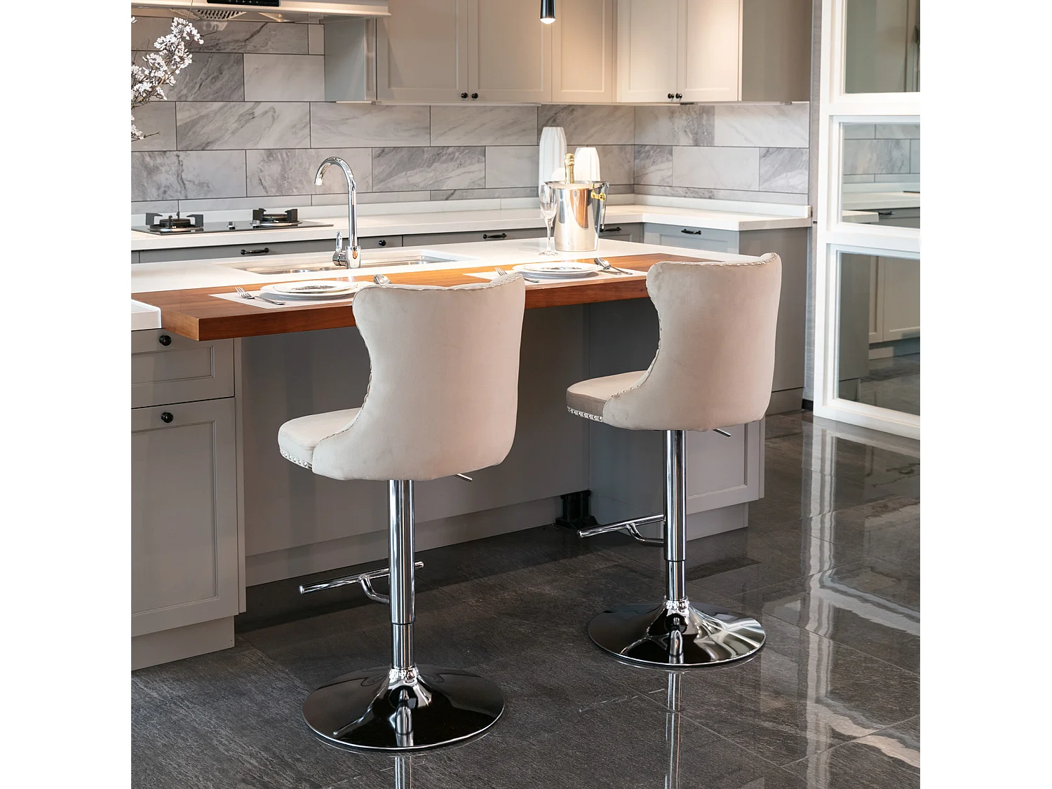 Set of 6 Luxury Velvet Bar Stools with Adjustable Swivel Chrome Base