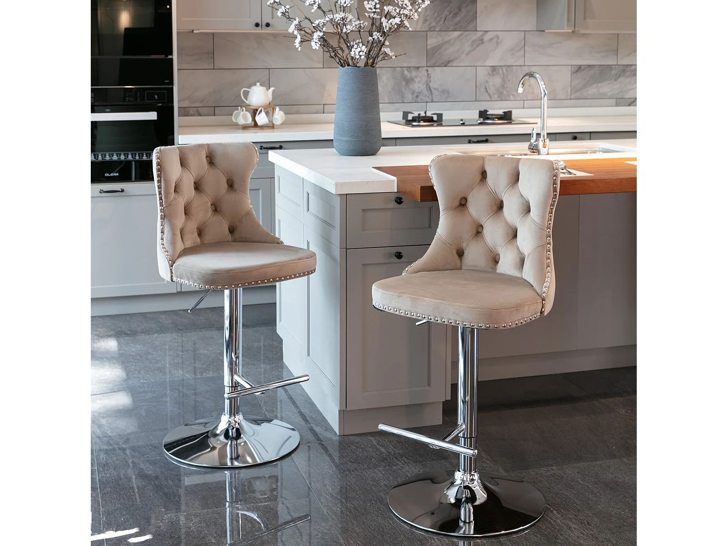 Set of 6 Luxury Velvet Bar Stools with Adjustable Swivel Chrome Base
