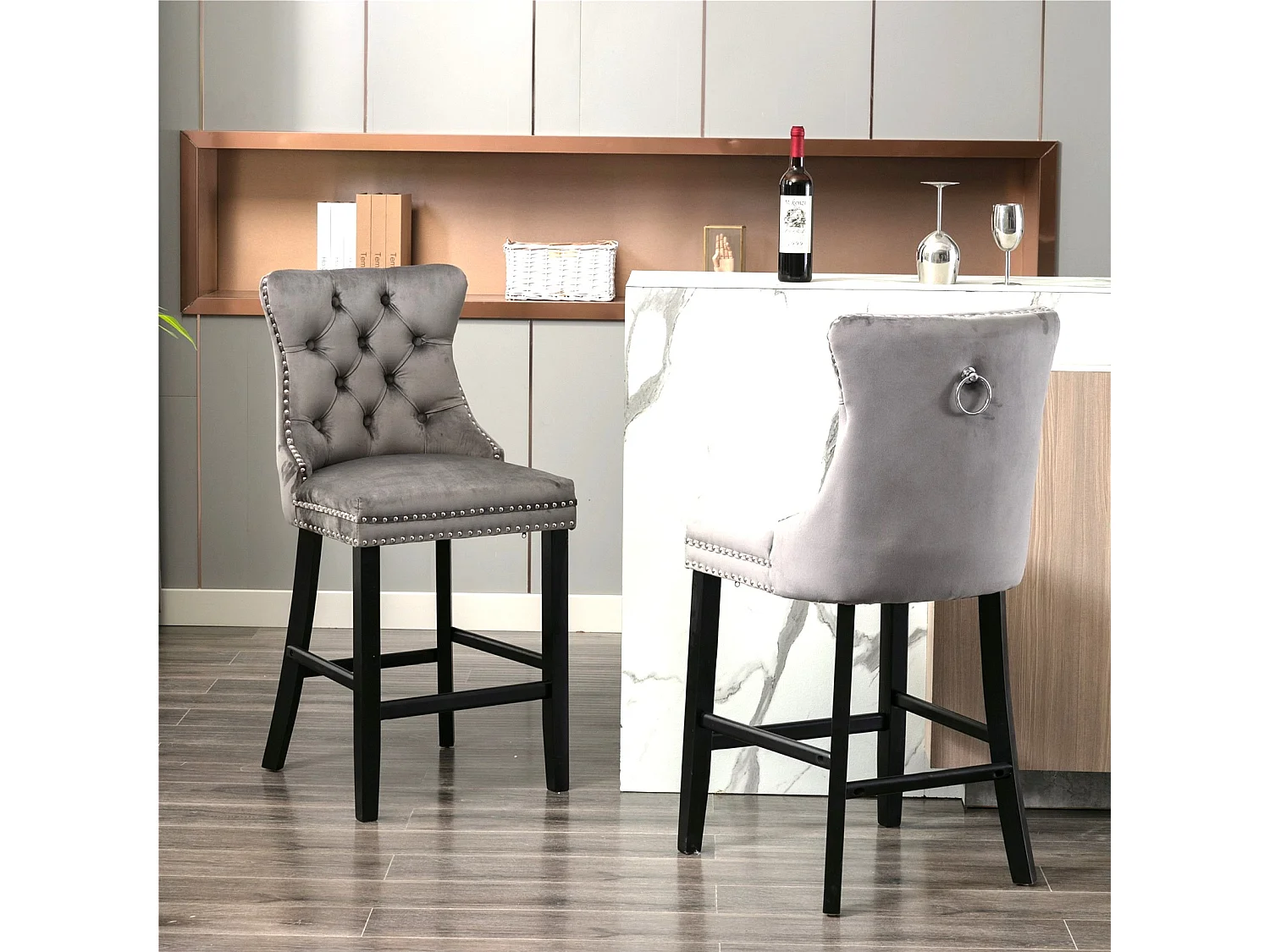 Set of 2 Velvet Bar Stools Kitchen Breakfast Barstools with Wooden Legs