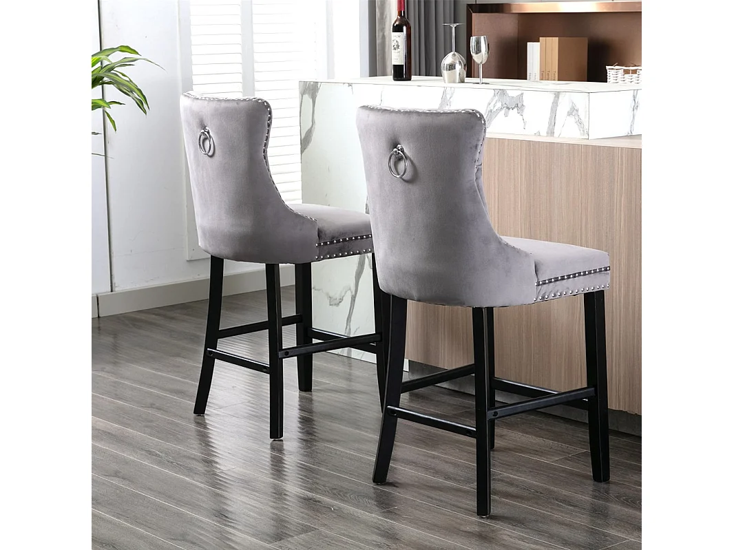 Set of 2 Velvet Bar Stools Kitchen Breakfast Barstools with Wooden Legs