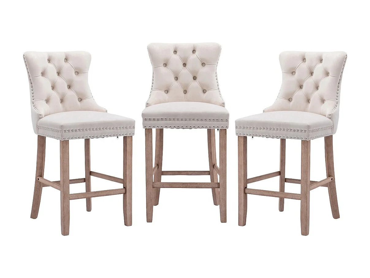 Romsey Set of 3 Velvet Barstools with Wooden Legs and Knocker Ring Back