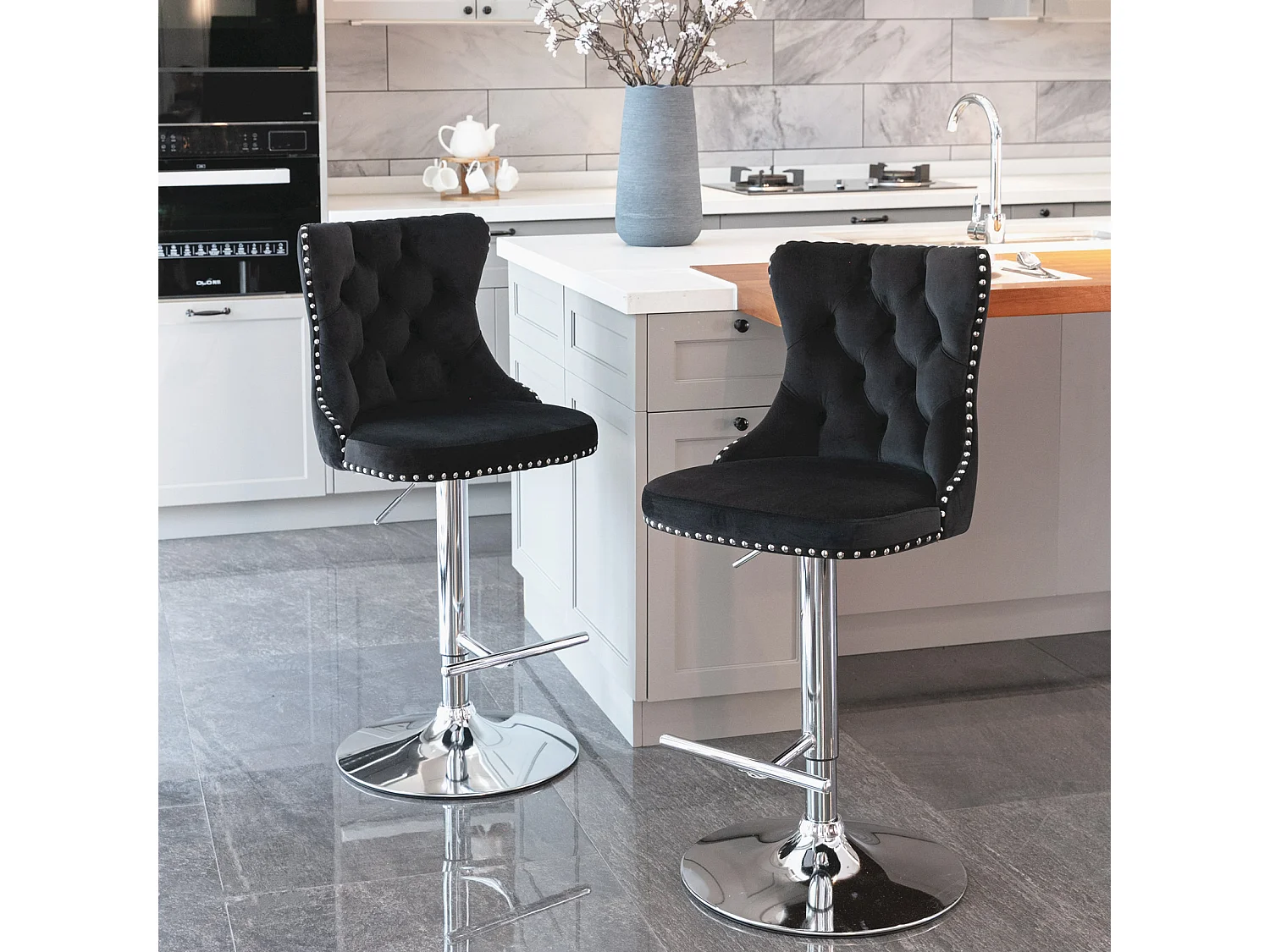 Set of 6 Luxury Velvet Bar Stools with  Adjustable Swivel Chrome Base