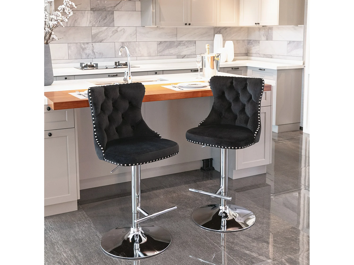 Set of 6 Luxury Velvet Bar Stools with  Adjustable Swivel Chrome Base