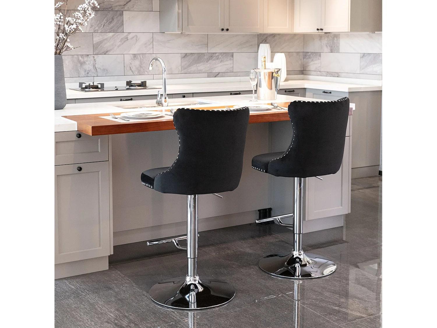 Set of 4 Luxury Velvet Bar Stools with Adjustable Swivel Chrome Base