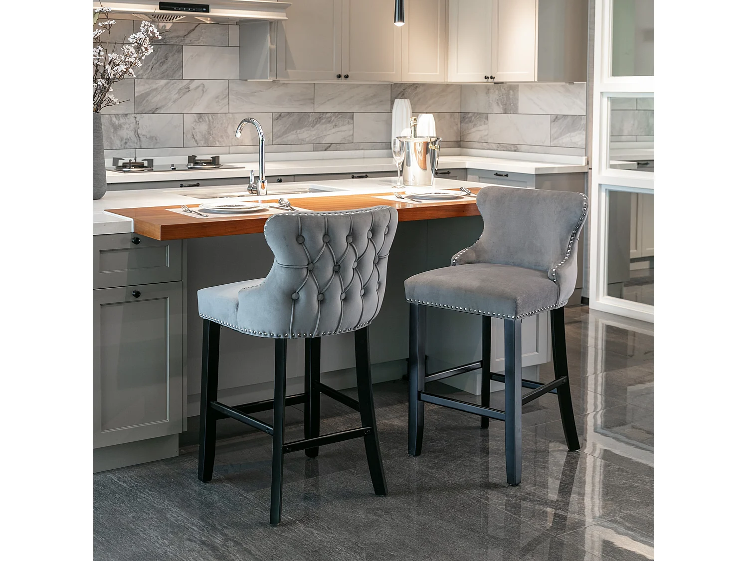Set of 4 Velvet Upholstered Bar Stools with Oak Wood Legs