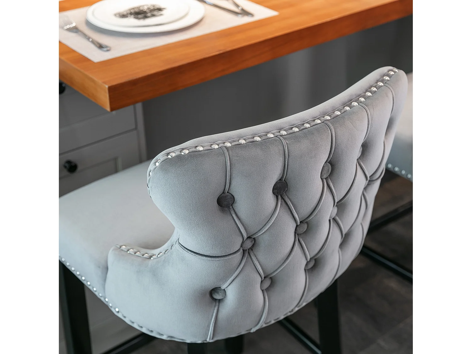 Set of 4 Velvet Upholstered Bar Stools with Oak Wood Legs