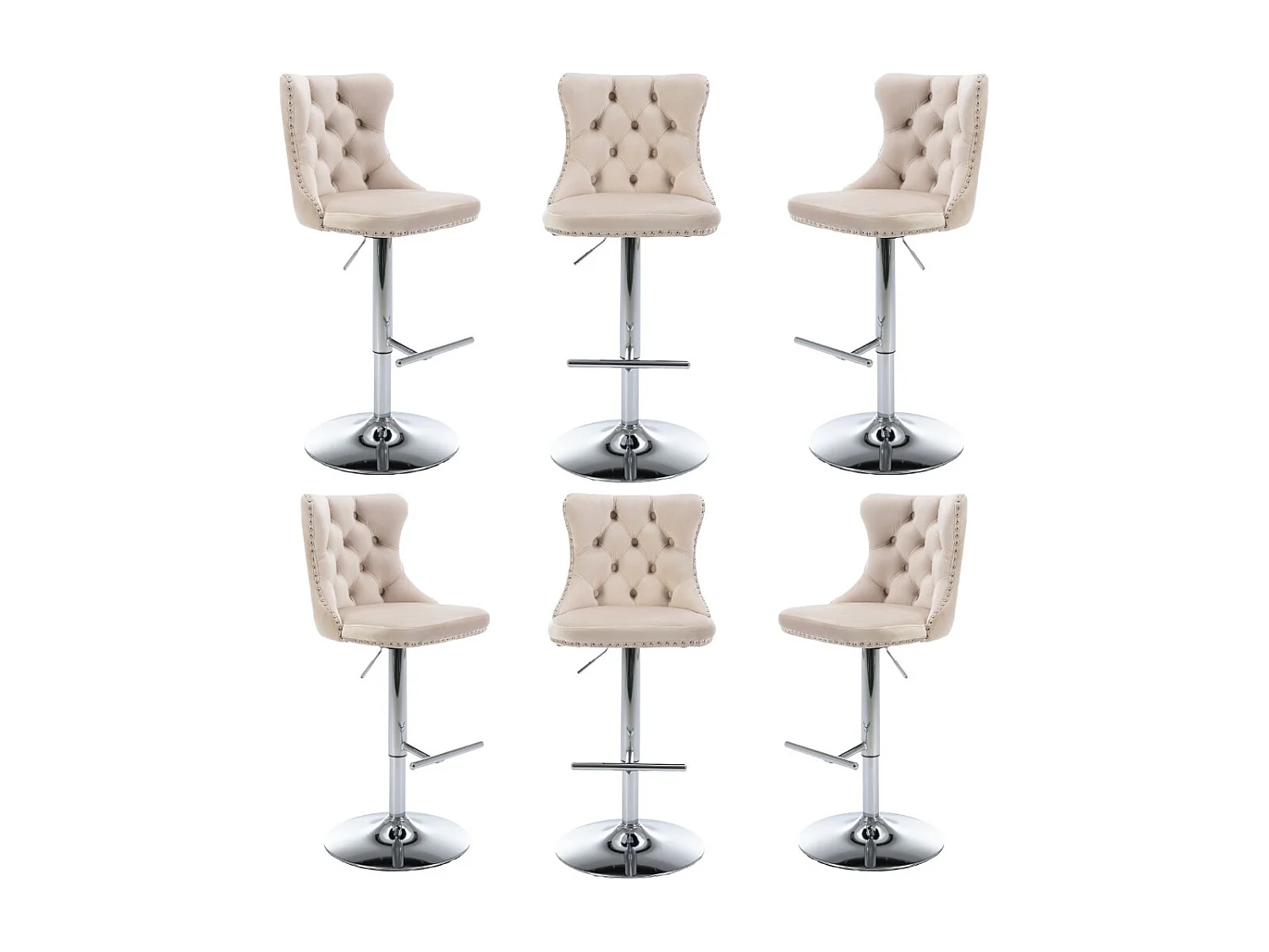 Set of 6 Luxury Velvet Bar Stools with  Adjustable Swivel Chrome Base